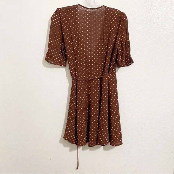 Reformation Lucky Wrap Mini Dress in Cappuccino Brown & White Polka Dot Print - Picture 6 of 14
